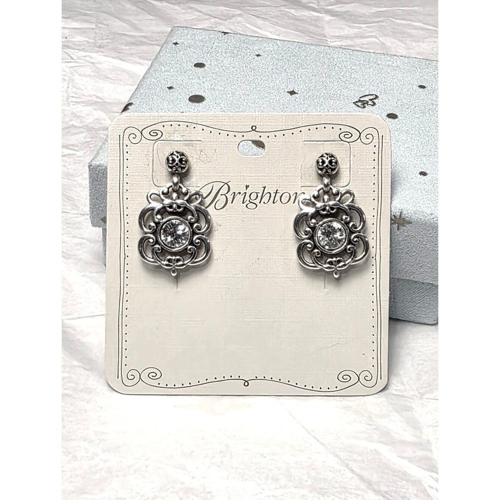 Brighton Roselie Silver Filigree Crystal Earrings Scrolled Vintage Post Back New